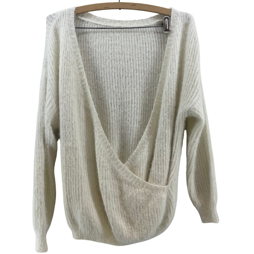 Wrap Front Fuzzy Knit Sweater Womens M Cream Wool Blend Quiet Luxury Soft Girl